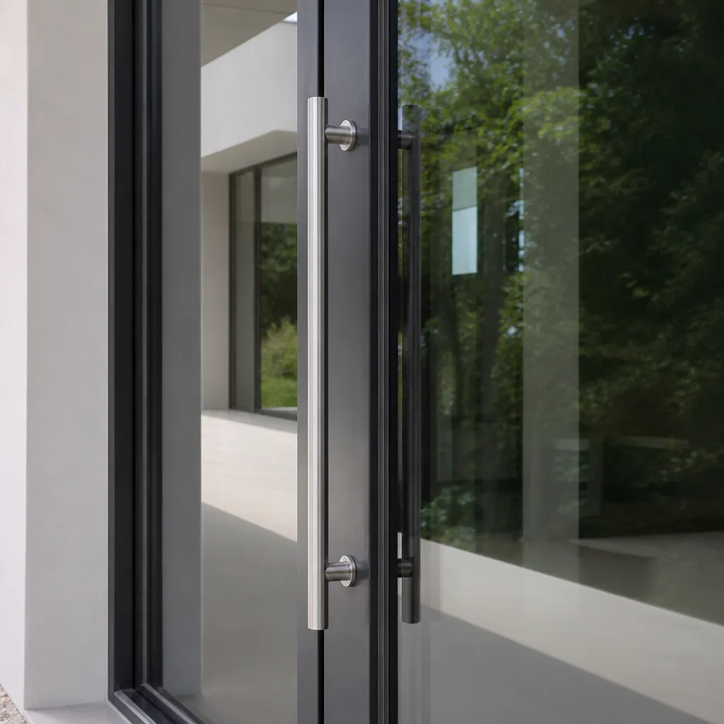 Modern glass door installation with sleek metal handle on contemporary home