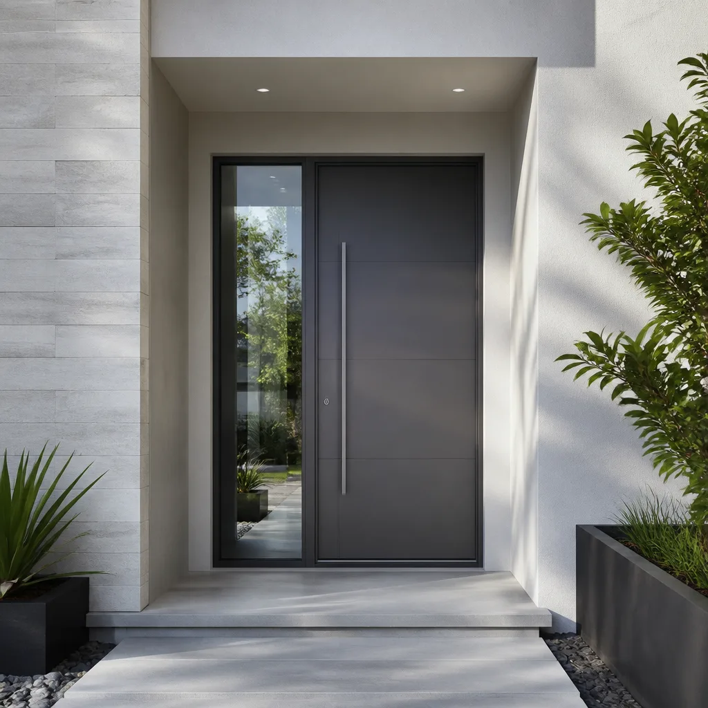 Modern gray front entry door with vertical handle and glass sidelight