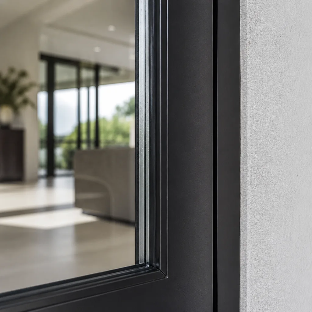 Close-up of black impact-resistant window frame and exterior wall